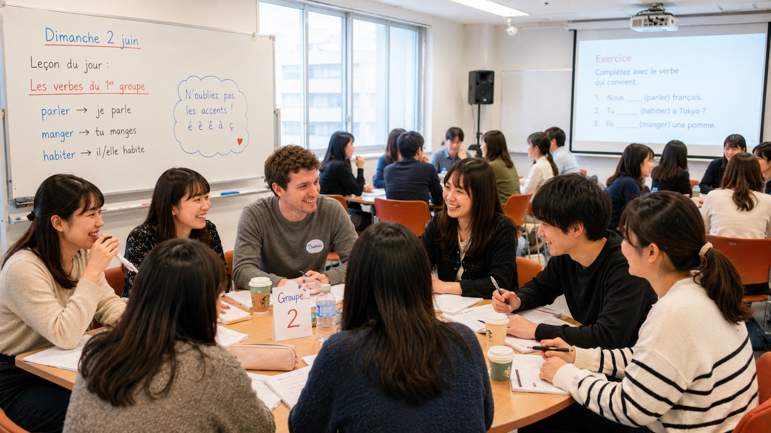 フランス語クラスで会話を楽しむ参加者